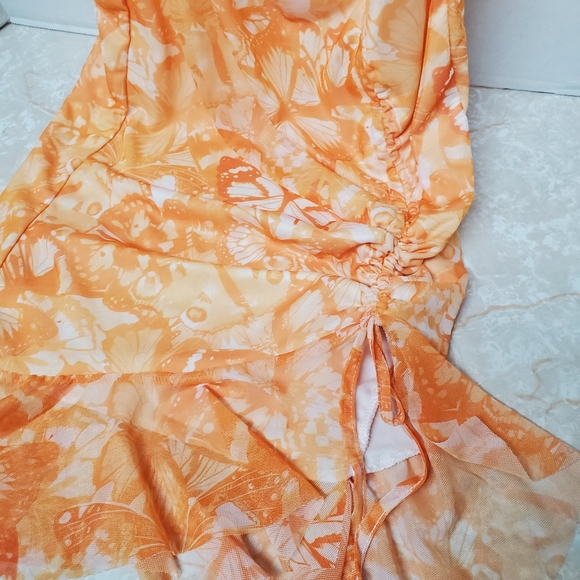 Pretty Little Things Orange Yellow Sexy Butterfly Dress Tie Front Ruched Mesh - Picture 5 of 8